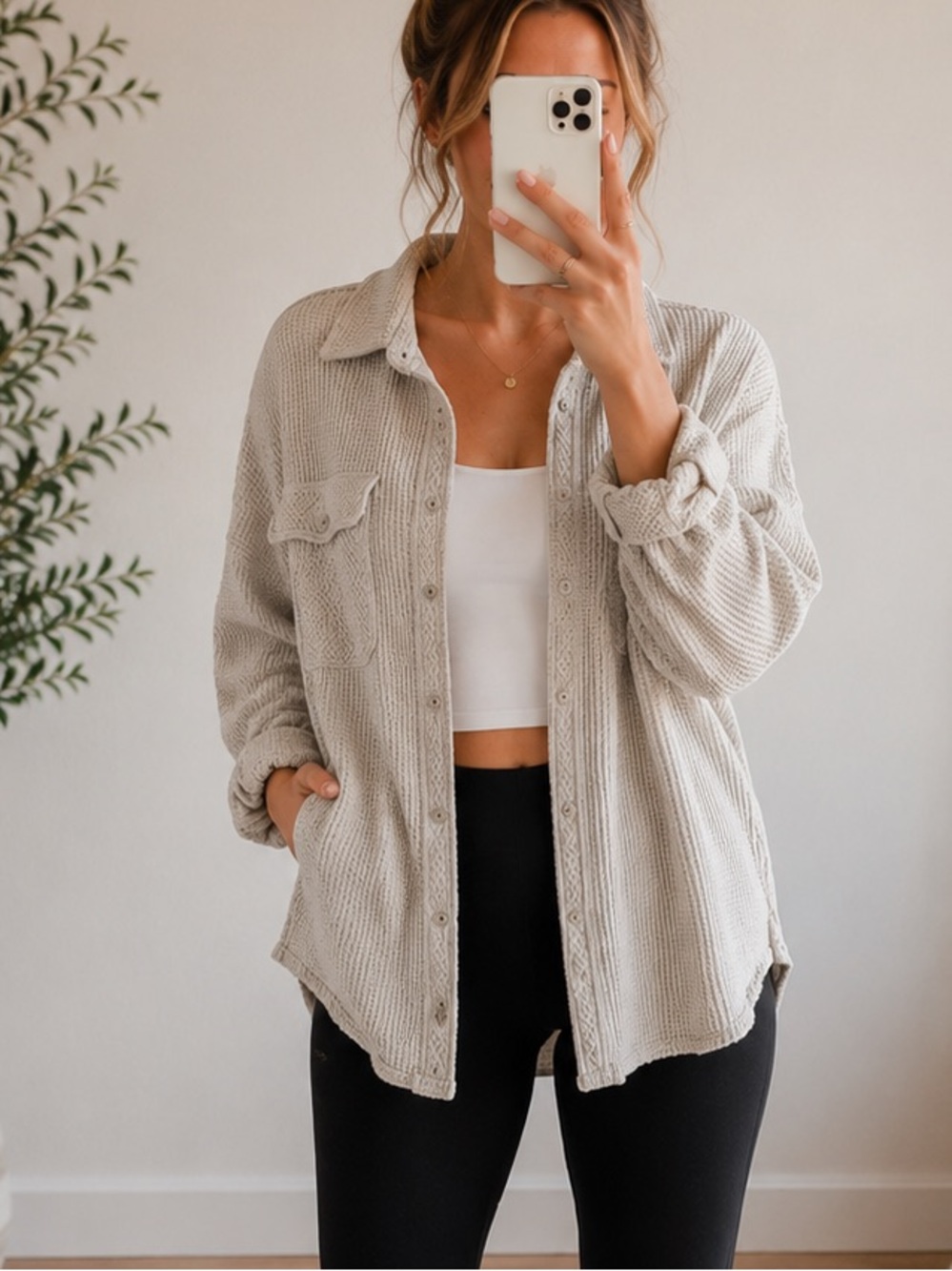 Aerie Oversized Waffle Knit Button Down Shacket Cream XS